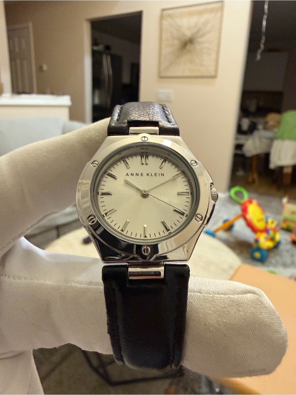 Anne Klein Women's 32mm Silver-Tone Watch Black Leather Strap AK/2113